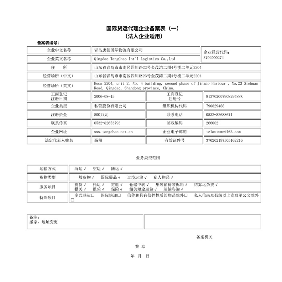 国际货运代理企业备案表（青岛唐朝国际物流有限公司）